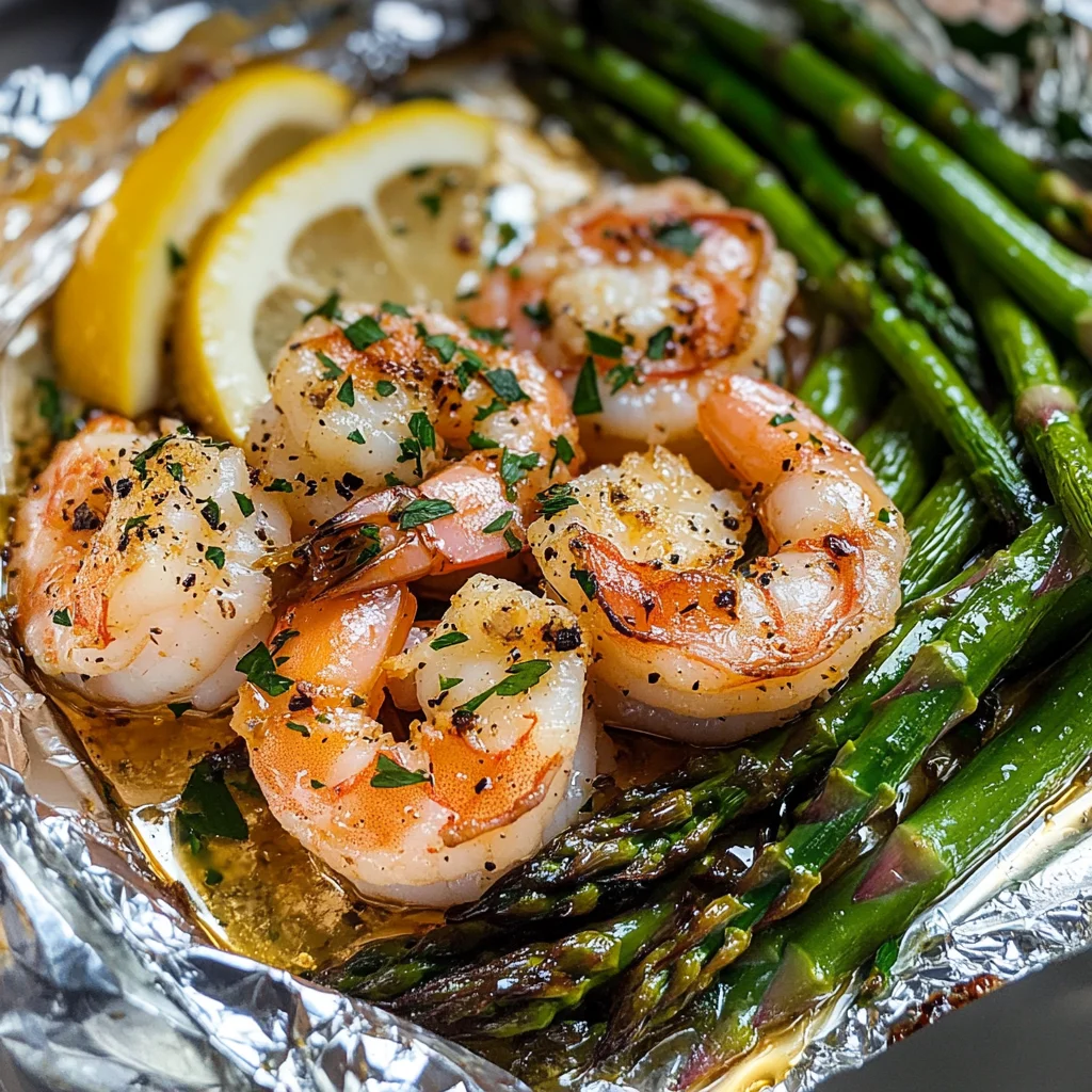 Shrimp and Asparagus Foil Packs with Garlic Lemon Butter Sauce